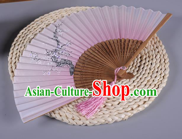 Traditional Chinese Crafts Printing Wintersweet Pink Silk Folding Fan China Oriental Fans for Women