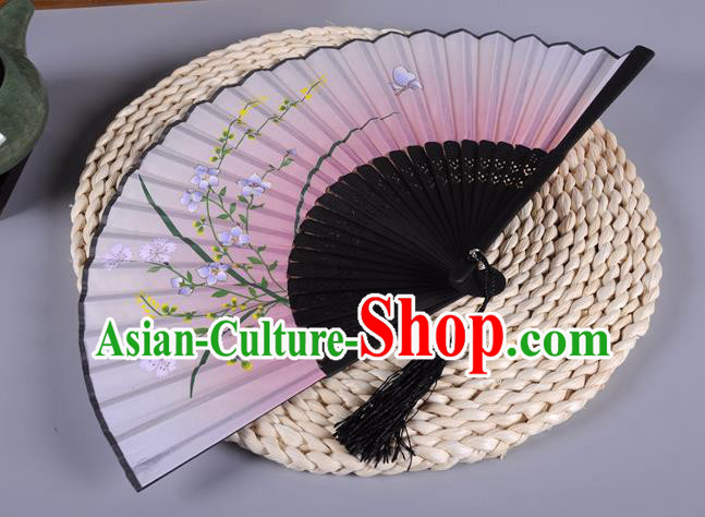 Traditional Chinese Crafts Printing Orchid Pink Silk Folding Fan China Oriental Fans for Women