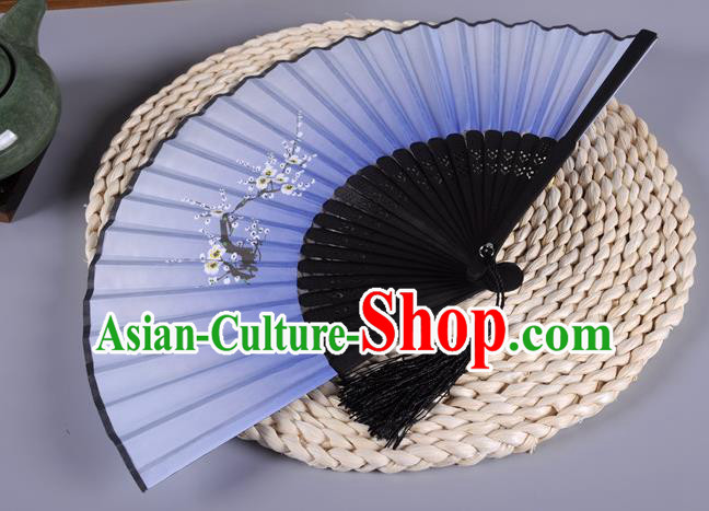 Traditional Chinese Crafts Printing Wintersweet Blue Silk Folding Fan China Oriental Fans for Women