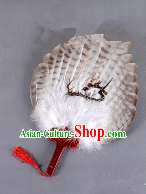 Traditional Chinese Crafts Folding Fan China Printing Magpie Brown Feather Fan Oriental Fan Zhuge Liang Fans