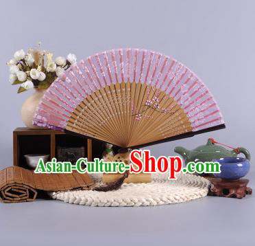 Traditional Chinese Crafts Hand Painted Wintersweet Pink Silk Folding Fan China Oriental Fans for Women