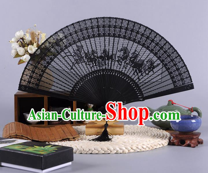 Traditional Chinese Crafts Hollow Out Eight Horses Folding Fan China Oriental Black Bamboo Fans for Women