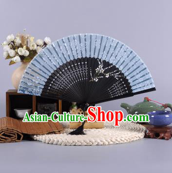 Traditional Chinese Crafts Hand Painted Plum Blossom Blue Silk Folding Fan China Oriental Fans for Women