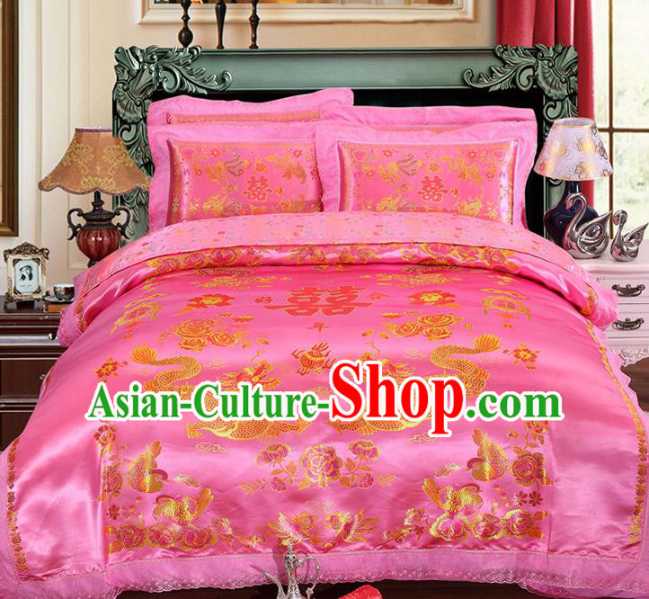 Traditional Chinese Wedding Pink Satin Qulit Cover Embroidered Dragons Bedding Sheet Four-piece Duvet Cover Textile Complete Set