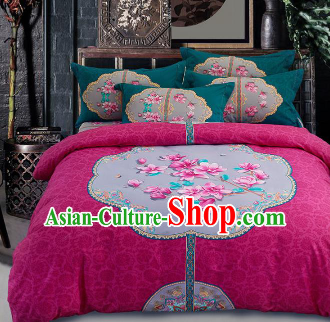 Traditional Chinese Wedding Pink Qulit Cover Printing Magnolia Flowers Bedding Sheet Four-piece Duvet Cover Textile Complete Set