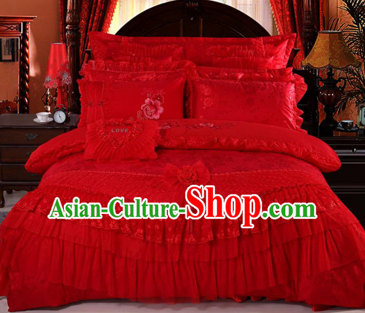 Traditional Chinese Wedding Red Lace Satin Qulit Cover Bedding Sheet Embroidered Ten-piece Duvet Cover Textile Complete Set