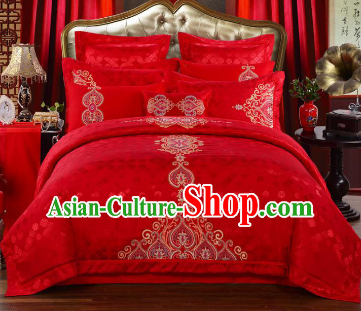 Traditional Chinese Wedding Red Satin Qulit Cover Bedding Sheet Embroidered Ten-piece Duvet Cover Textile Complete Set