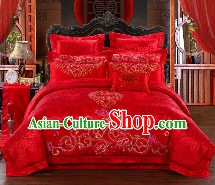 Traditional Chinese Wedding Red Satin Qulit Cover Bedding Sheet Embroidered Peony Ten-piece Duvet Cover Textile Complete Set