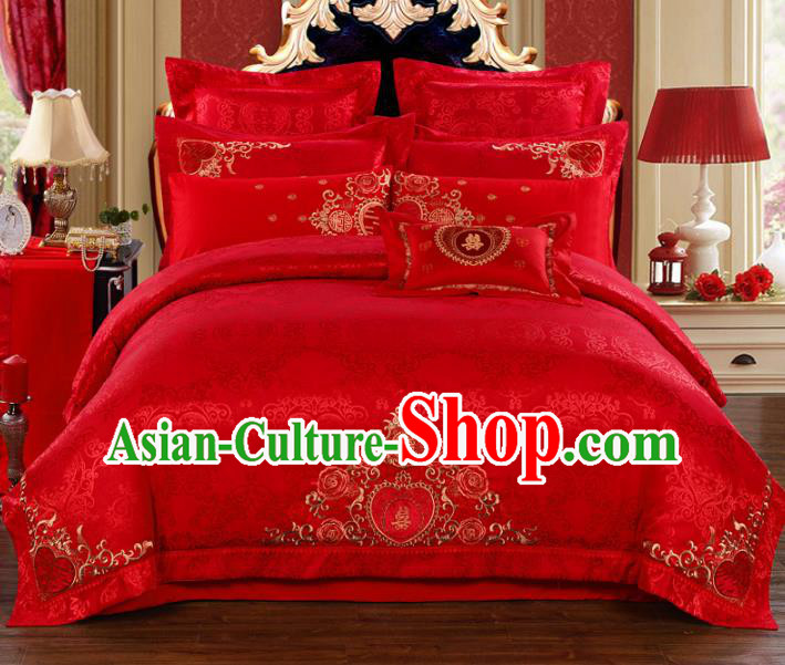 Traditional Chinese Wedding Red Satin Qulit Cover Bedding Sheet Embroidered Xi Character Ten-piece Duvet Cover Textile Complete Set