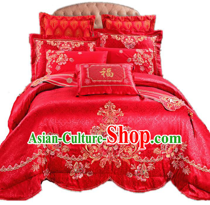 Traditional Chinese Wedding Red Satin Qulit Cover Bedding Sheet Embroidered Fu Character Ten-piece Duvet Cover Textile Complete Set