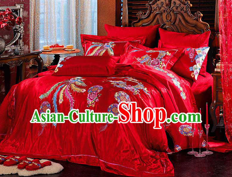 Traditional Asian Chinese Wedding Palace Lace Qulit Cover Bedding Sheet Embroidered Dragon Phoenix Ten-piece Duvet Cover Textile Bedding Suit
