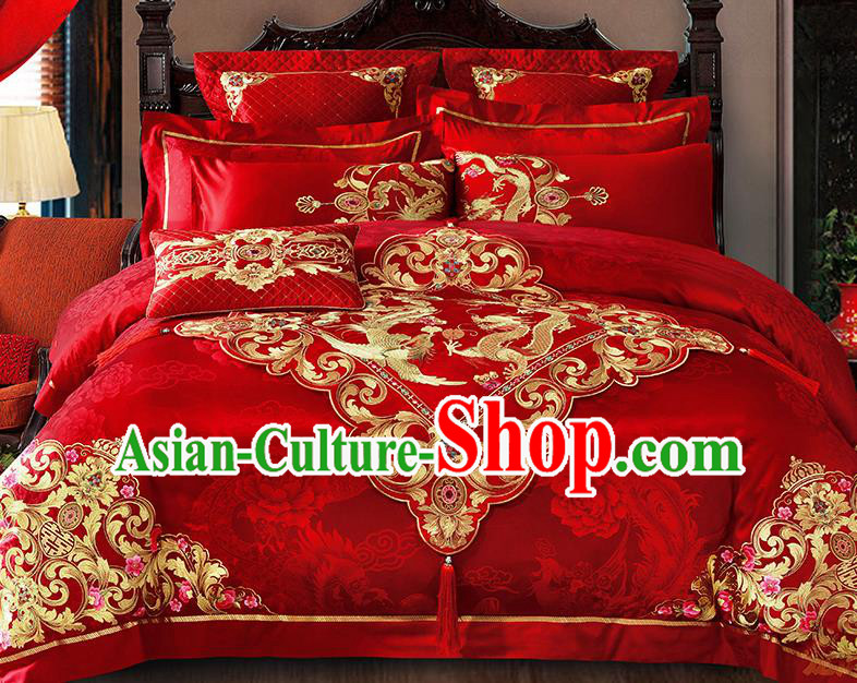 Traditional Asian Chinese Wedding Palace Qulit Cover Bedding Sheet Embroidered Dragon Phoenix Eleven-piece Duvet Cover Textile Bedding Suit