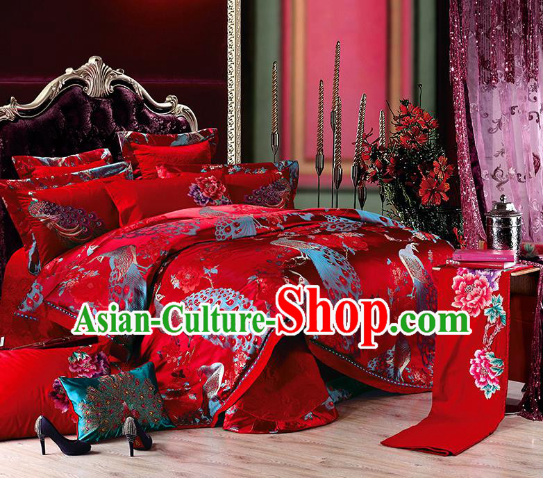 Traditional Asian Chinese Wedding Palace Qulit Cover Bedding Sheet Printing Peacock Ten-piece Duvet Cover Textile Complete Set
