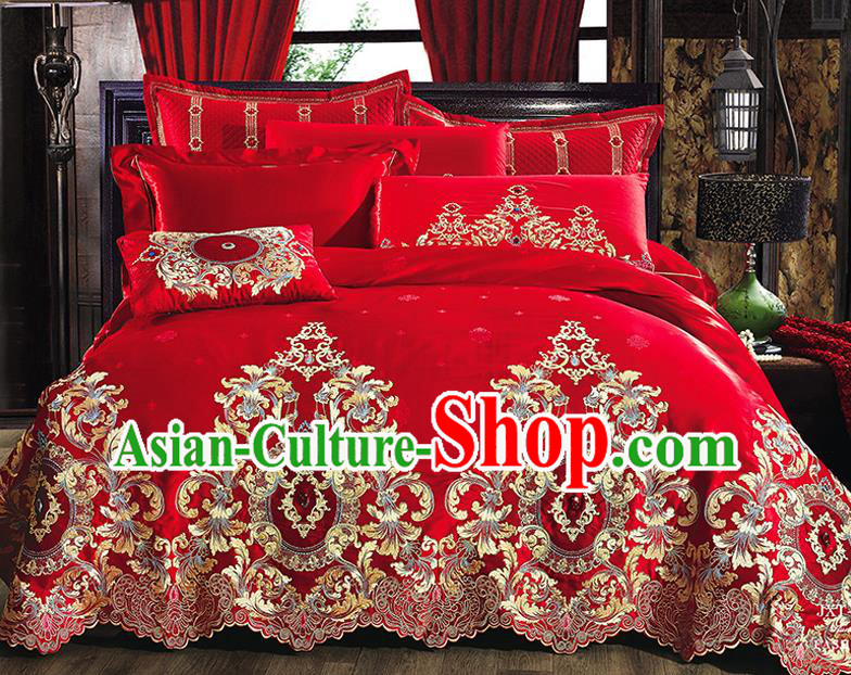 Traditional Asian Chinese Wedding Palace Qulit Cover Bedding Sheet Embroidered Ten-piece Duvet Cover Textile Complete Set