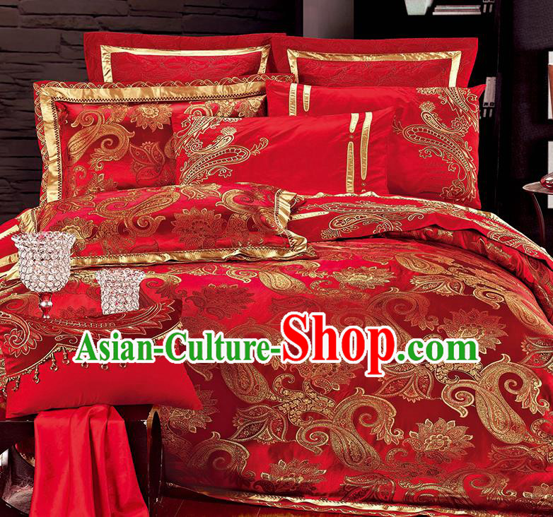 Traditional Asian Chinese Wedding Palace Qulit Cover Bedding Sheet Red Satin Ten-piece Duvet Cover Textile Complete Set