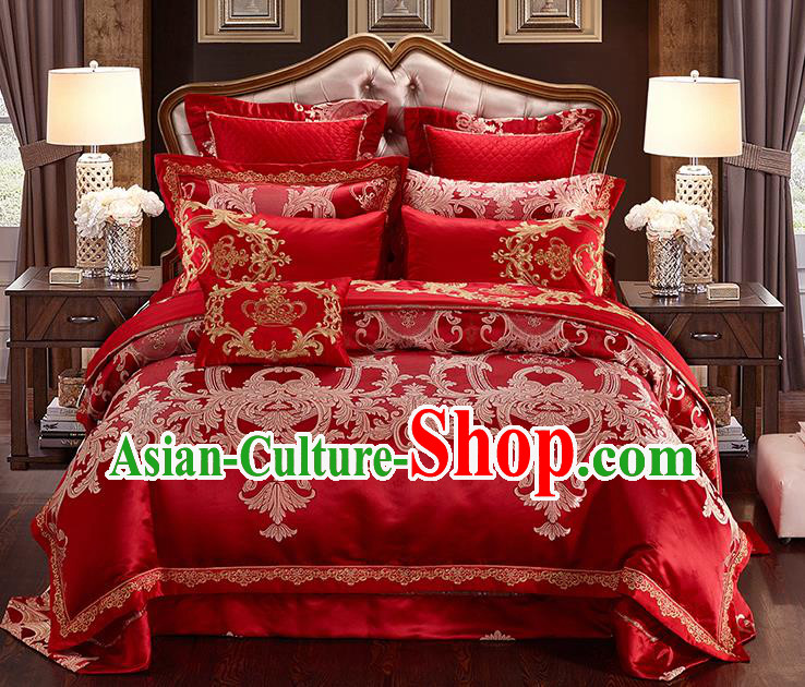Traditional Asian Chinese Wedding Red Satin Palace Qulit Cover Embroidered Bedding Sheet Ten-piece Duvet Cover Textile Complete Set