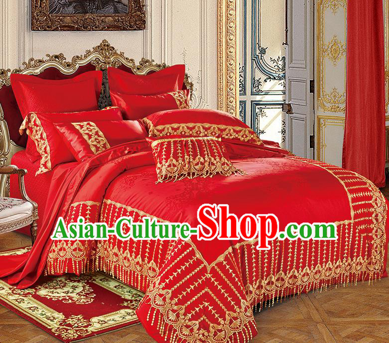 Traditional Asian Chinese Wedding Red Satin Qulit Cover Embroidered Palace Bedding Sheet Ten-piece Duvet Cover Textile Complete Set