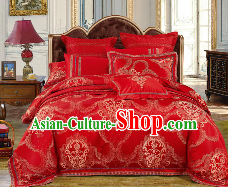 Traditional Asian Chinese Wedding Red Satin Palace Qulit Cover Bedding Sheet Ten-piece Duvet Cover Textile Complete Set