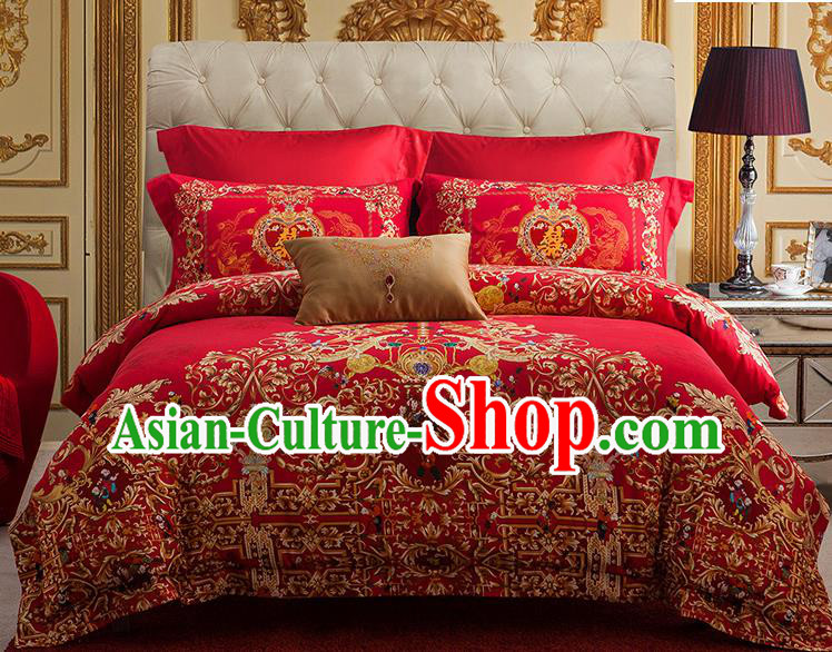 Traditional Asian Chinese Wedding Red Palace Qulit Cover Embroidered Bedding Sheet Four-piece Duvet Cover Textile Complete Set