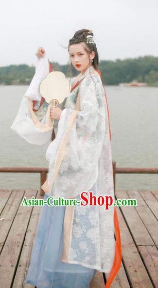 Traditional Chinese Jin Dynasty Palace Lady Hanfu Costume Embroidered Wide Sleeve Cardigan for Women