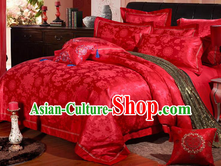 Traditional Chinese Wedding Red Satin Embroidered Peony Four-piece Bedclothes Duvet Cover Textile Qulit Cover Bedding Sheet Complete Set