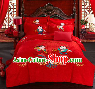 Traditional Chinese Wedding Printing Children Red Four-piece Bedclothes Duvet Cover Textile Qulit Cover Bedding Sheet Complete Set