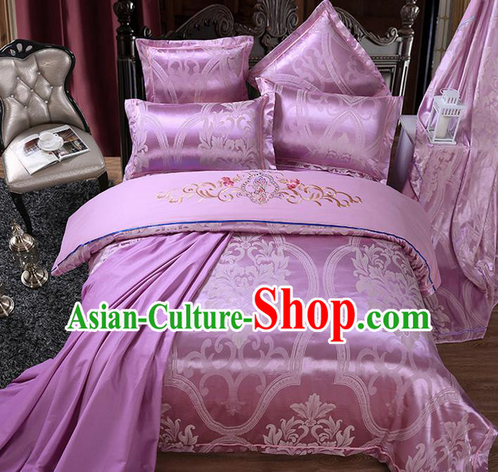 Traditional Chinese Wedding Embroidered Flowers Purple Satin Six-piece Bedclothes Duvet Cover Textile Qulit Cover Bedding Sheet Complete Set
