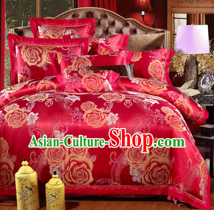 Traditional Chinese Wedding Printing Rose Red Satin Six-piece Bedclothes Duvet Cover Textile Qulit Cover Bedding Sheet Complete Set