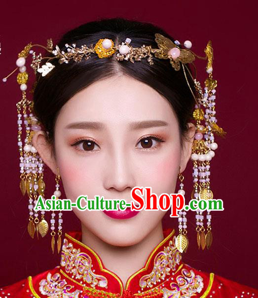Chinese Traditional Bride Hair Jewelry Accessories Xiuhe Suit Hairpins Headwear Wedding Pink Beads Tassel Hair Clasp for Women