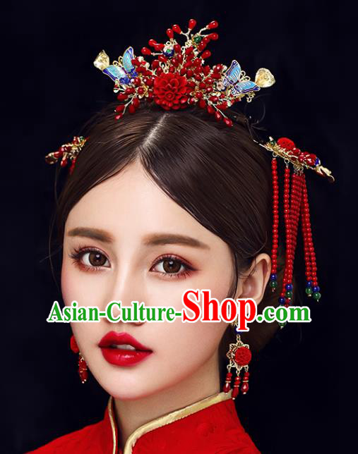 Chinese Traditional Bride Hair Jewelry Accessories Xiuhe Suit Phoenix Coronet Wedding Red Beads Tassel Headwear for Women