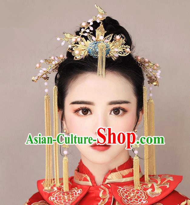 Chinese Traditional Bride Hair Jewelry Accessories Palace Xiuhe Suit Tassel Hairpins Wedding Blueing Phoenix Coronet for Women