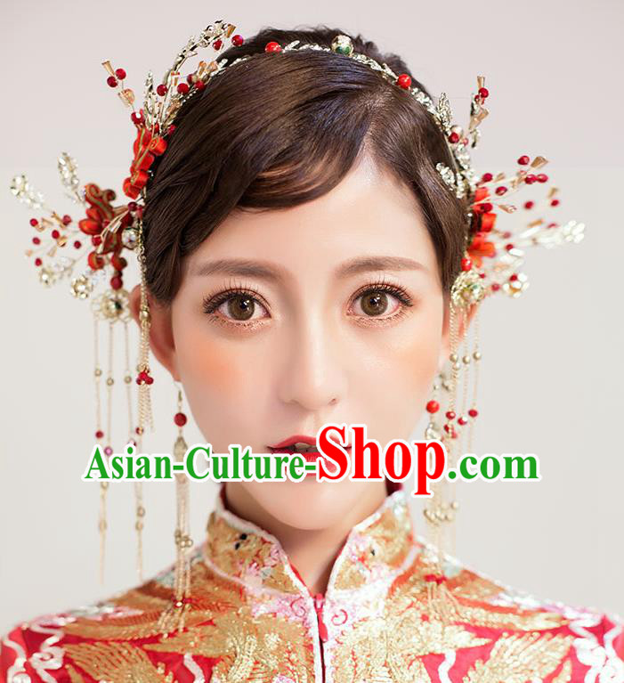 Chinese Traditional Bride Hair Jewelry Accessories Palace Xiuhe Suit Chinese Knots Hairpins Wedding Tassel Phoenix Coronet for Women