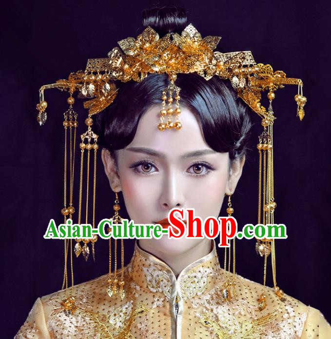 Chinese Traditional Bride Hair Accessories Palace Queen Xiuhe Suit Golden Phoenix Coronet Wedding Hairpins for Women