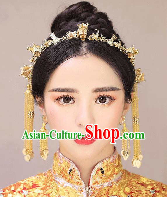 Chinese Traditional Bride Hair Accessories Palace Queen Xiuhe Suit Golden Tassel Phoenix Coronet Wedding Hairpins for Women