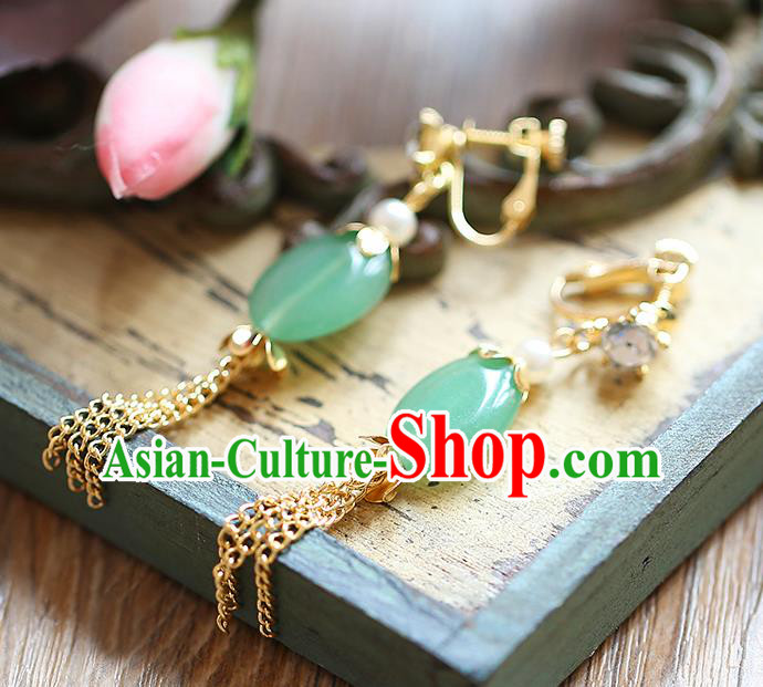 Chinese Traditional Bride Jewelry Accessories Eardrop Princess Wedding Hanfu Green Jade Tassel Earrings for Women