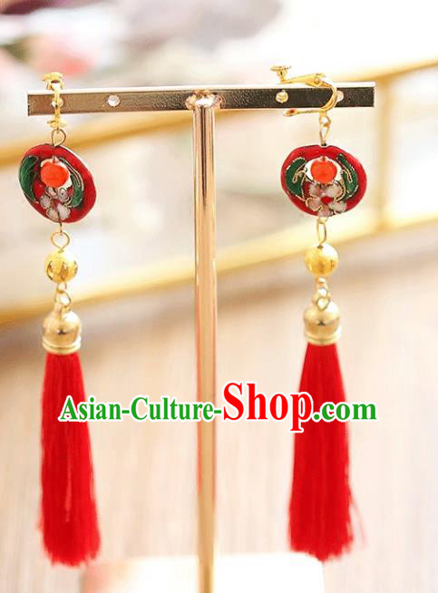 Chinese Traditional Bride Jewelry Accessories Xiuhe Suit Cloisonn Earrings Wedding Red Tassel Eardrop for Women