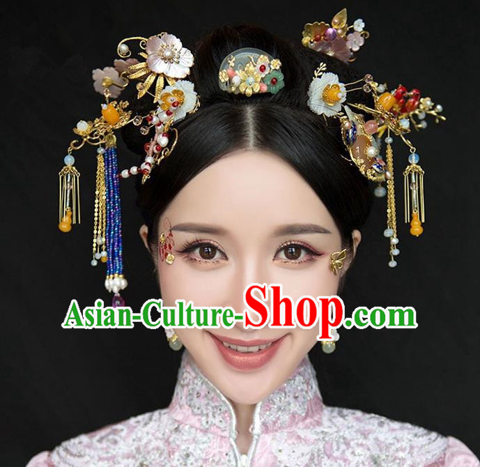 Chinese Traditional Bride Hair Accessories Xiuhe Suit Jade Hair Comb Wedding Hairpins Complete Set for Women