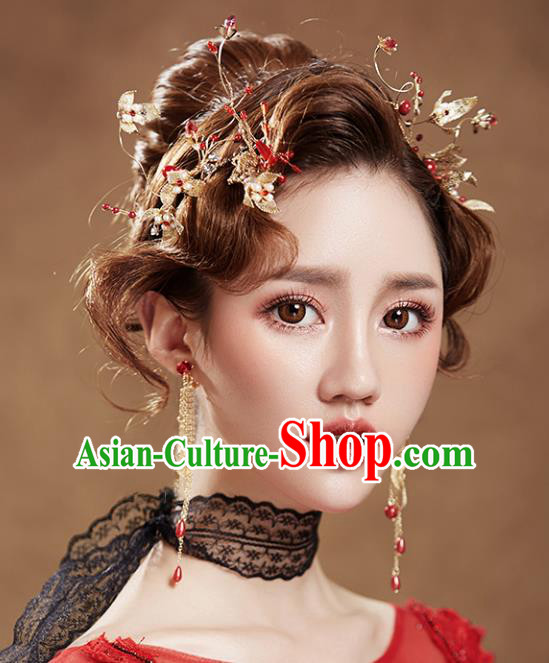 Chinese Traditional Bride Hair Accessories Baroque Princess Wedding Golden Hair Clasp and Earrings for Women