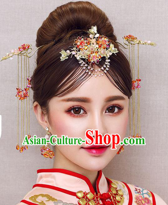 Chinese Traditional Bride Hair Accessories Xiuhe Suit Red Beads Phoenix Coronet Wedding Hairpins for Women
