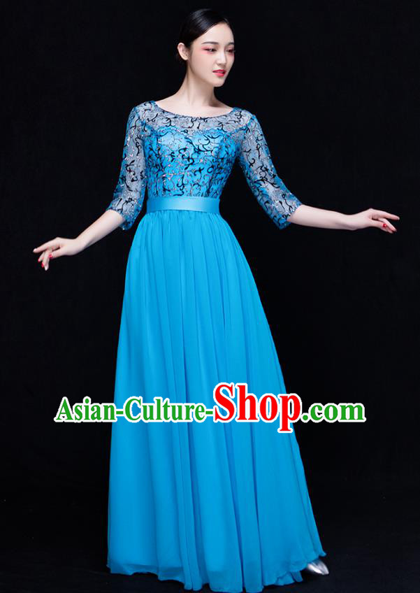 Traditional Chinese Modern Dance Costume Opening Dance Chorus Singing Group Blue Bubble Dress for Women