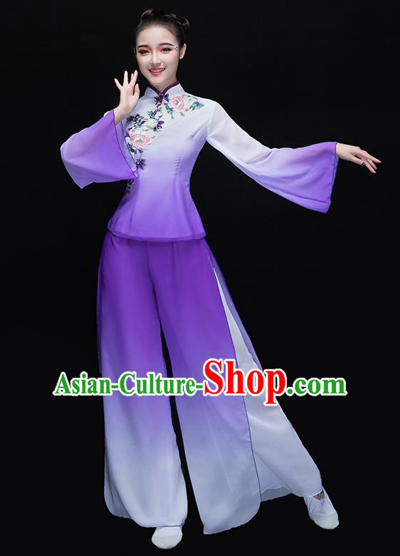 Traditional Chinese Classical Yangge Dance Purple Embroidered Uniforms, China Yangko Dance Clothing for Women