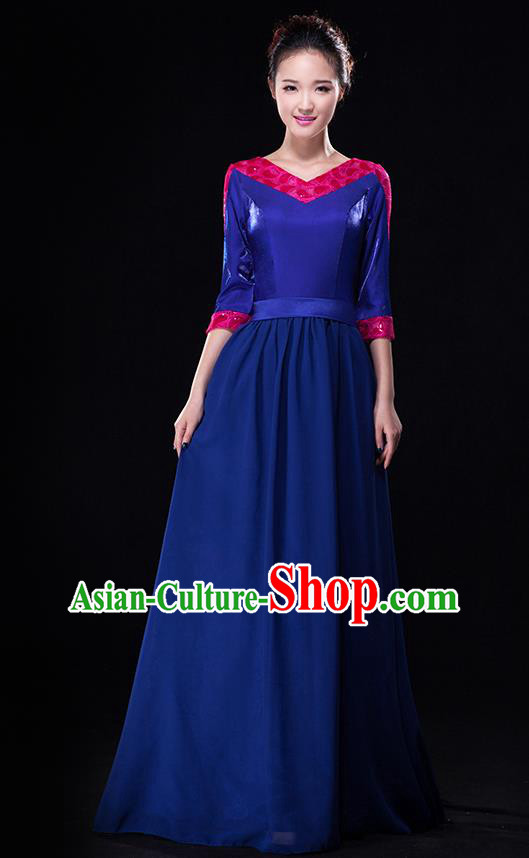 Traditional Chinese Modern Dance Costume, Opening Dance Chorus Singing Group Blue Dress Clothing for Women