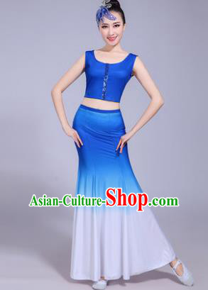 Traditional Chinese Dai Nationality Peacock Dance Blue Costume, China Folk Dance Pavane Dance Dress Clothing for Women