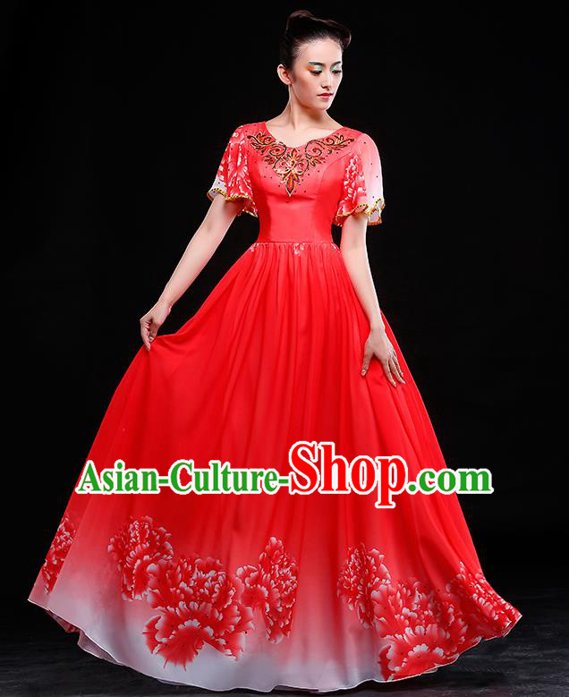 Traditional Chinese Modern Dance Costume, Opening Dance Chorus Red Long Dress Clothing for Women