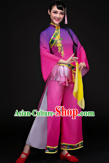 Traditional Chinese Classical Fan Dance Costume, China Yangko Folk Dance Purple Clothing for Women