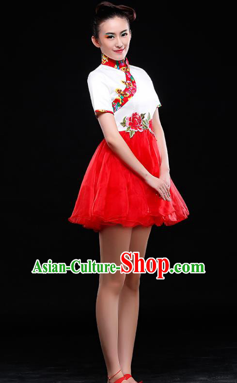 Traditional Chinese Classical Dance Costume, China Yangko Folk Dance Red Short Dress Clothing for Women