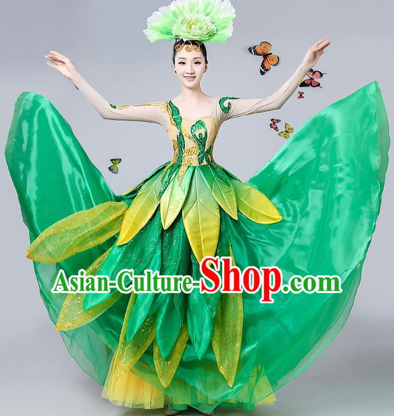 Traditional Chinese Modern Dance Opening Dance Green Paillette Bubble Dress Clothing for Women