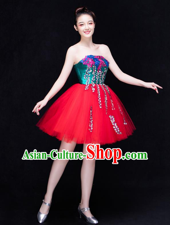 Traditional Chinese Modern Dance Fan Dance Costume, Opening Dance Chorus Red Veil Dress Clothing for Women