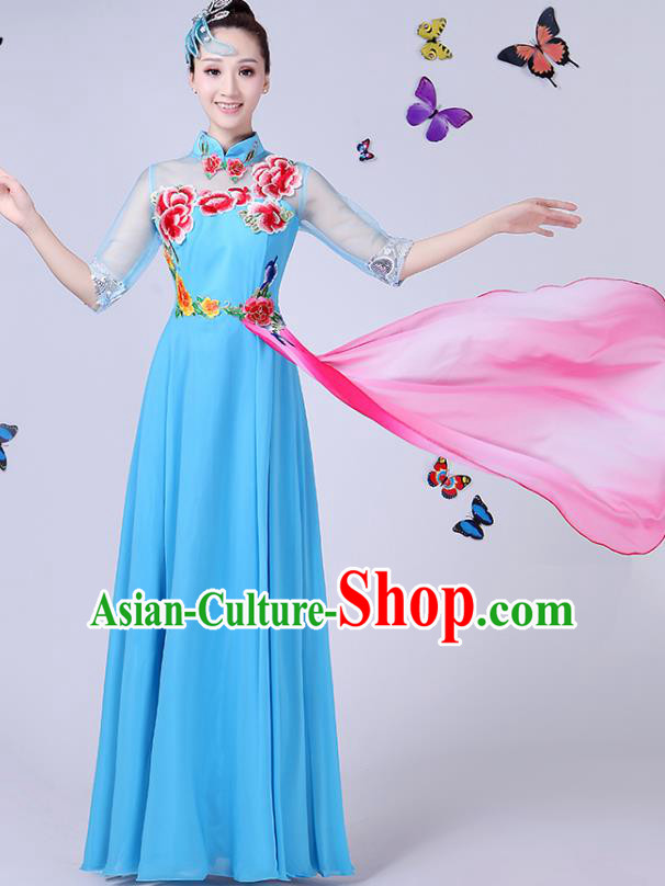 Traditional Chinese Modern Dance Opening Dance Clothing Chorus Blue Cheongsam Dress Costume for Women