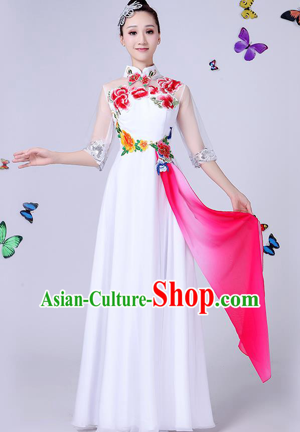 Traditional Chinese Modern Dance Opening Dance Clothing Chorus White Cheongsam Dress Costume for Women